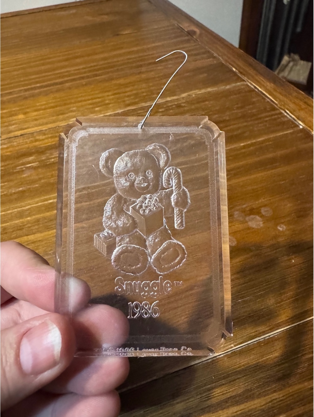Vintage 1986 Snuggle Bear Lever Brothers Clear Acrylic Christmas Ornament